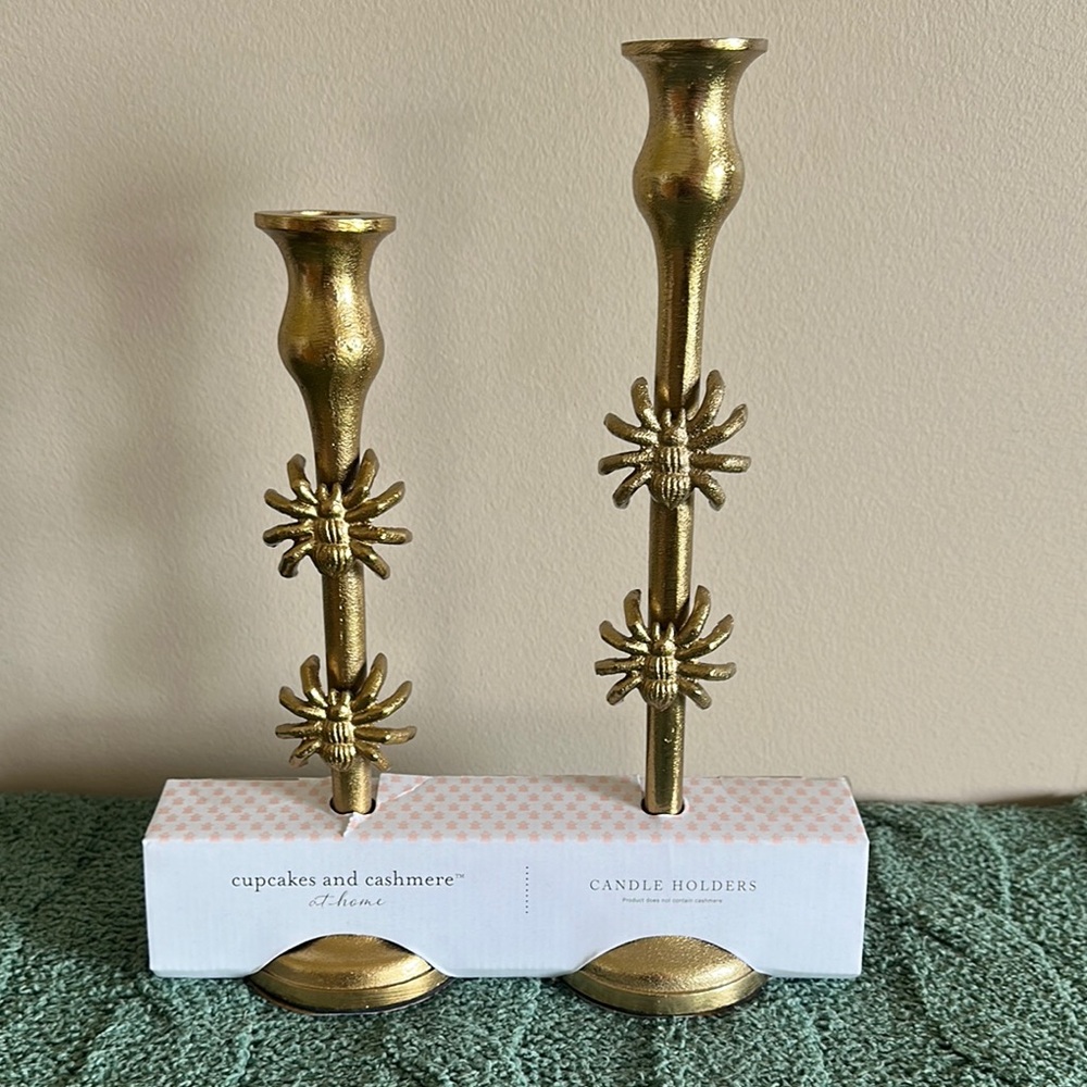 Cupcakes & Cashmere Gold Tone Halloween 🎃 Spider 🕷️Candle Holders Set of 2 NEW!